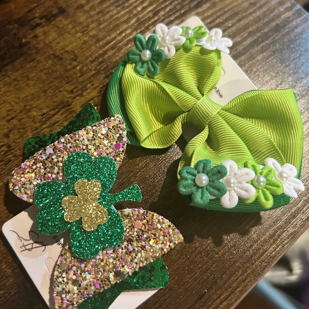 St Patrick's Day Hair Clips Glitter Shamrock Ribbon Bows‎ Accessories